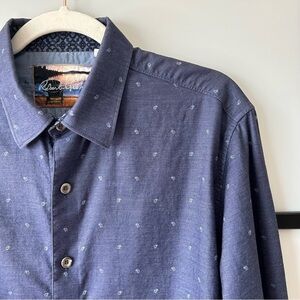 [M] Robert Graham Dark Ocean Blue Embroidered Patterned Cotton Button Down Shirt